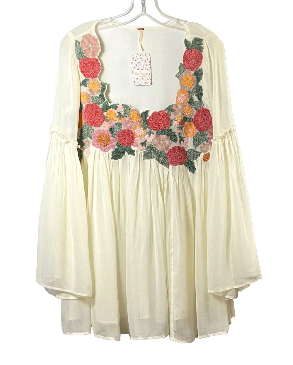 Free People Madeline Floral Embroidered Tunic Size XS Bell Sleeve NWT Read